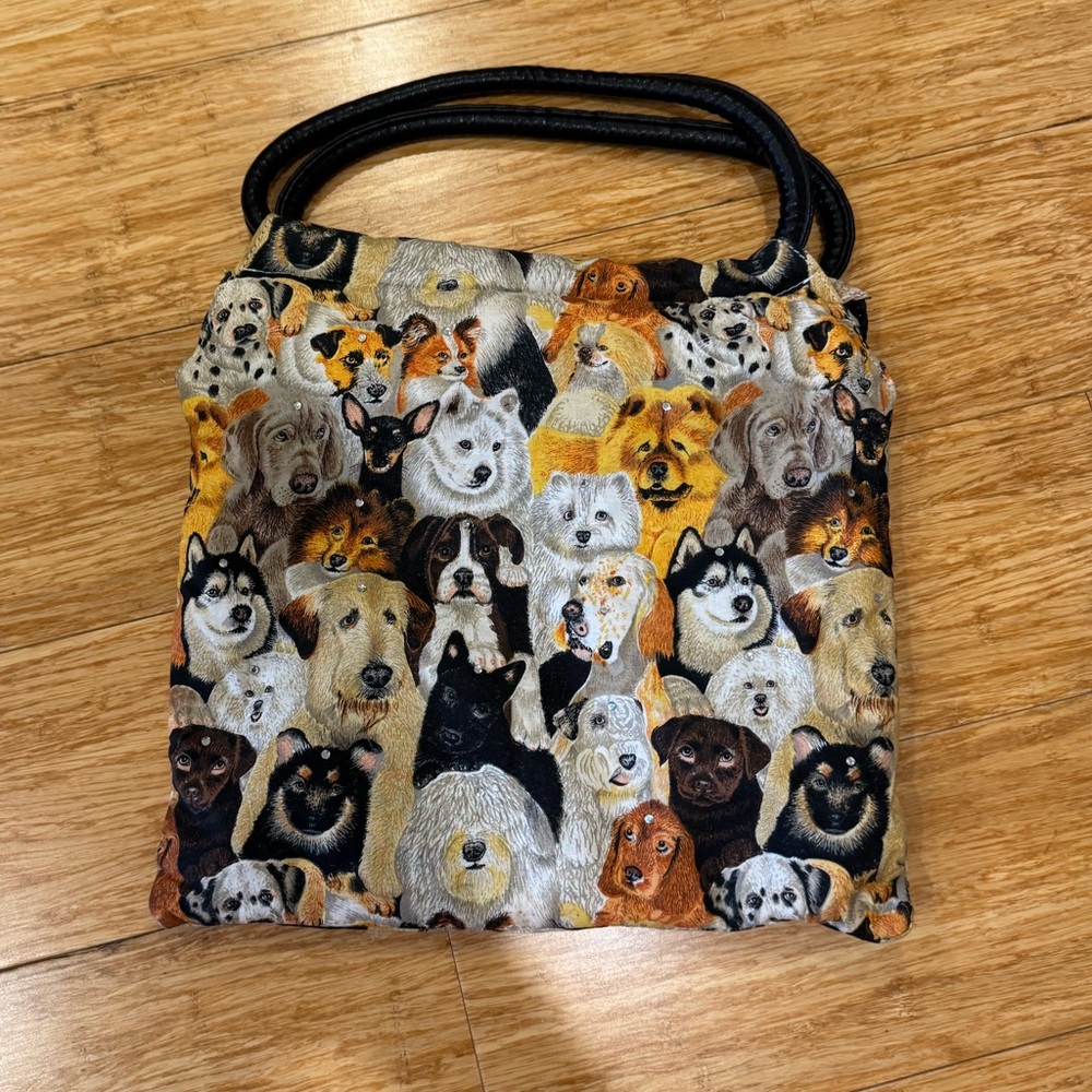 Unique dog print bedazzled tote hand bag